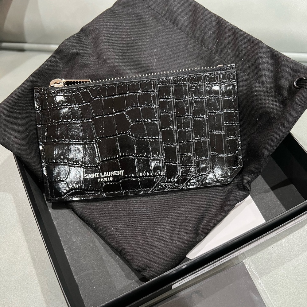 YSL Fragments Zipped Card Case in Shiny Crocodile-Embossed Leather